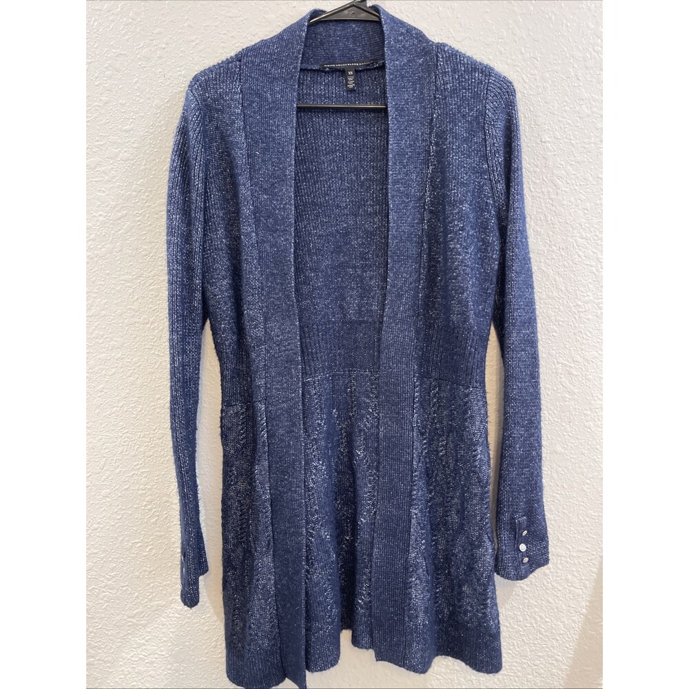 White House Black Market Mixed Stitch Wool Blend Cardigan w/Gold Buttons Blue